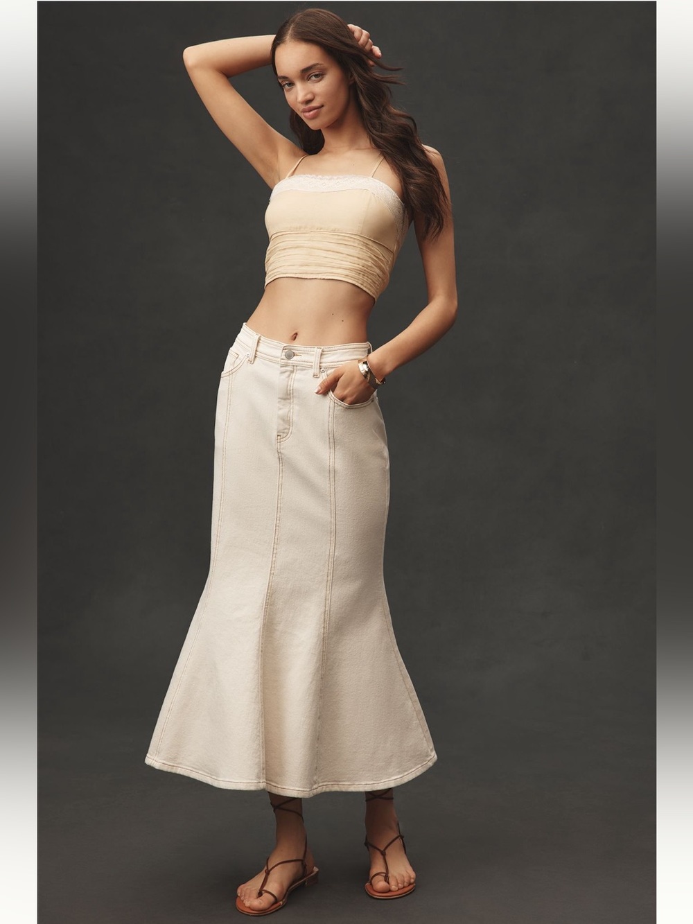 NWT Avec Les Filles Cream Paneled Flare Denim Midi Skirt Size M | Mermaid Hem